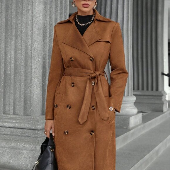 Brown Preppy Womens Suede Fleece All-Match Elegant Mid-Length Windbreaker Jacket - Picture 4 of 5